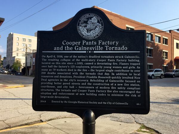 This marker, honoring the Cooper Pants Factory workers who died in the 1936 Gainesville tornado, was erected in 2014 on the site where some 70 persons died in the April 6, 1936, storm.