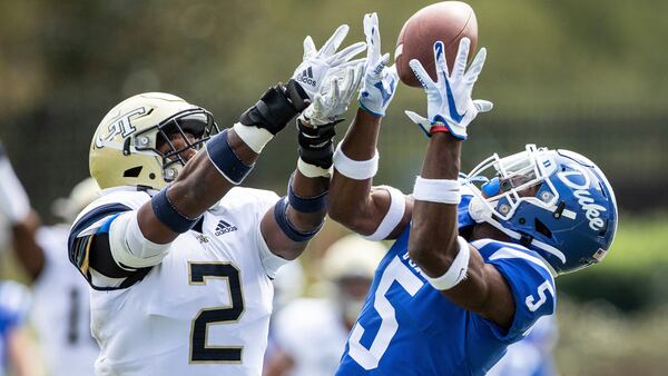 Georgia Tech's Tariq Carpenter (2) defends against Duke wide receiver Jalon Calhoun (5) Saturday, Oct. 12, 2019 in Durham, N.C.