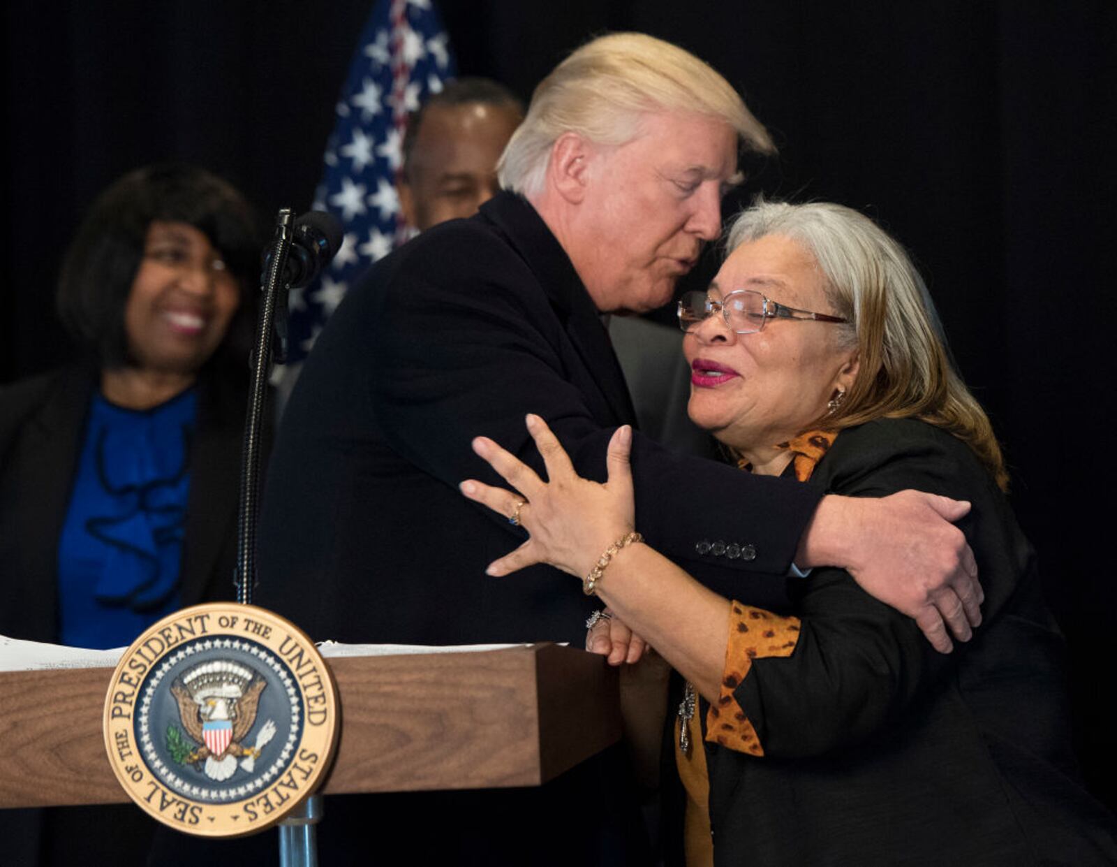 WASHINGTON, DC - FEBRUARY 21:  (AFP OUT) President Donald Trump hugs Alveda King, niece of Martin Luther King Jr., as he delivers remarks after touring the Smithsonian National Museum of African American History & Culture on February 21, 2017 in Washington, DC. (Photo by Kevin Dietsch - Pool/Getty Images)