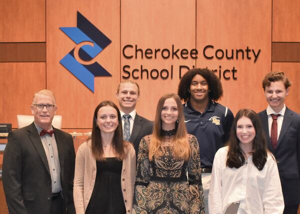 Superintendent of Schools Dr. Brian V. Hightower congratulates the Cherokee County School Board Student Delegates for the 2021-22 School Year.  From left to right, front row: Elyse Robbins of Sequoyah High School, Lillie Cate Ergle of Cherokee High School, Emily Collins of Etowah High School; back row: Ty Hubert of Creekview High School, Brian Bradley of River Ridge High School and Jason Adkins of Woodstock High School.