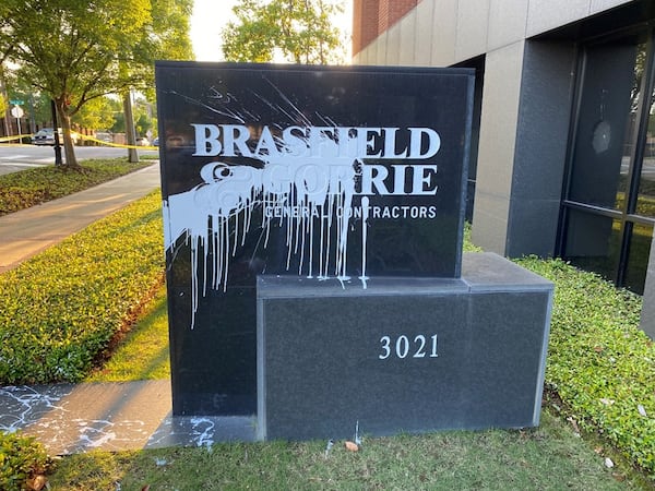 Paint was spattered on the sign of Brasfield & Gorrie's Alabama headquarters.