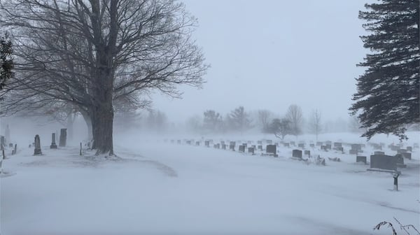 Snow blows in the high winds in Lowville, N.Y. on Thursday, Dec. 12, 2024. (AP Photo/Cara Anna)