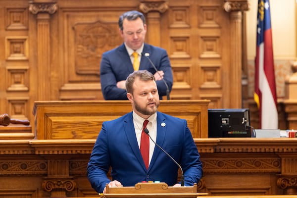 State. Sen. Bo Hatchett, R-Cornelia, speaks on a bill to rewrite Georgia's litigation rules to limit lawsuits at the Senate at the Capitol in Atlanta on Friday, Feb. 21, 2025. (Arvin Temkar /Atlanta Journal-Constitution via AP)