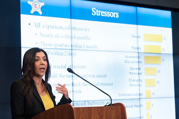 National Threat Assessment Center's Chief Lina Alathari announces the release of the Secret Service National Threat Assessment Center's Protecting America's Schools report Thursday in Washington.