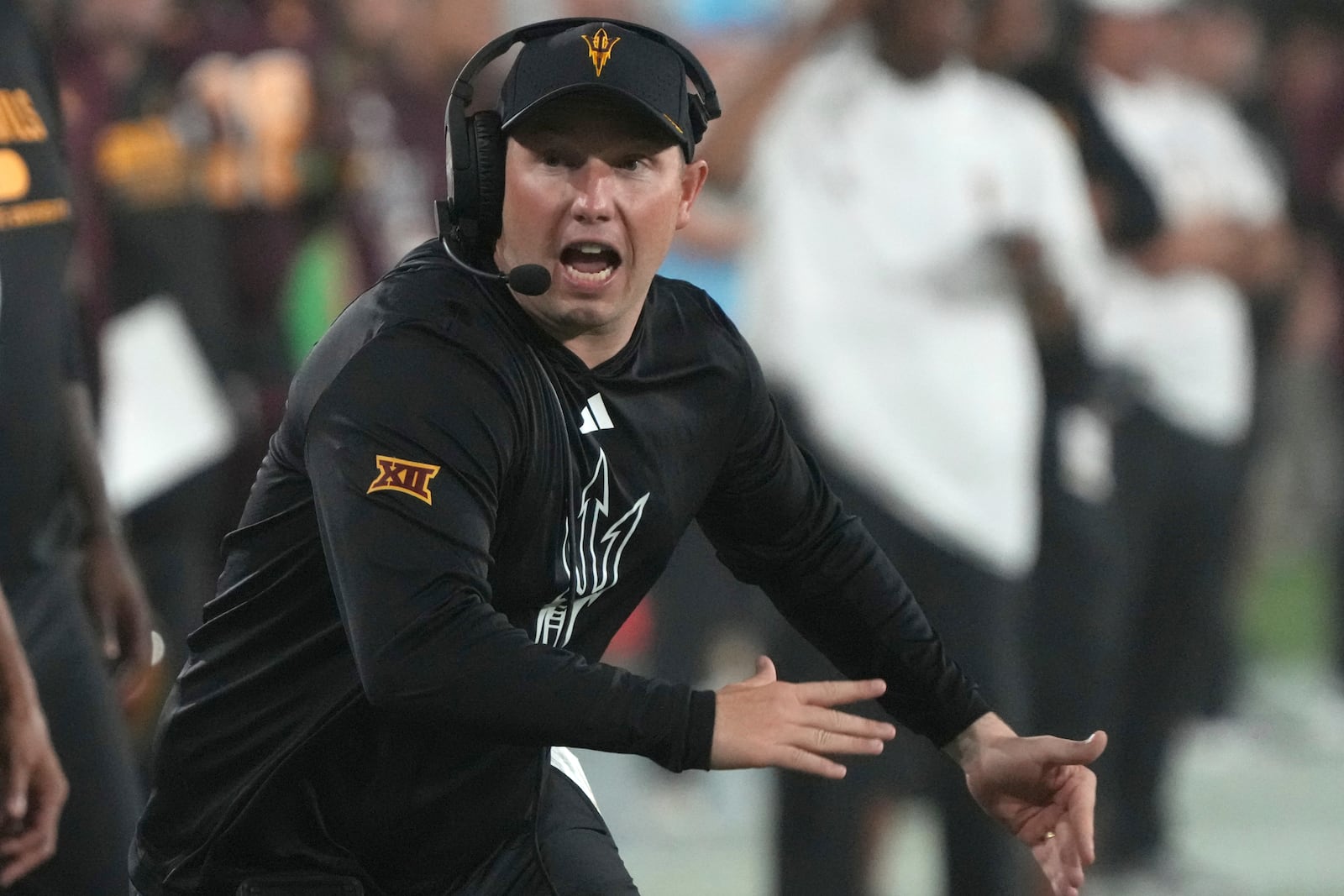 Arizona State head coach Kenny Dillingham reacts after a call against Utah in the second half during an NCAA college football game, Friday, Oct. 11, 2024, in Tempe, Ariz. (AP Photo/Rick Scuteri)