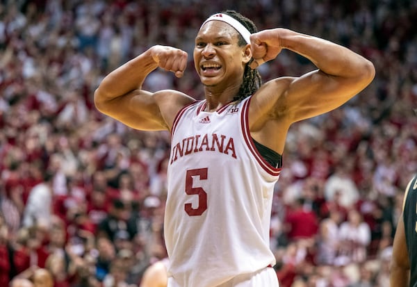 Indiana forward Malik Reneau reacts after scoring during the second half of an NCAA college basketball game against Purdue, Sunday, Feb. 23, 2025, in Bloomington, Ind. (AP Photo/Doug McSchooler)