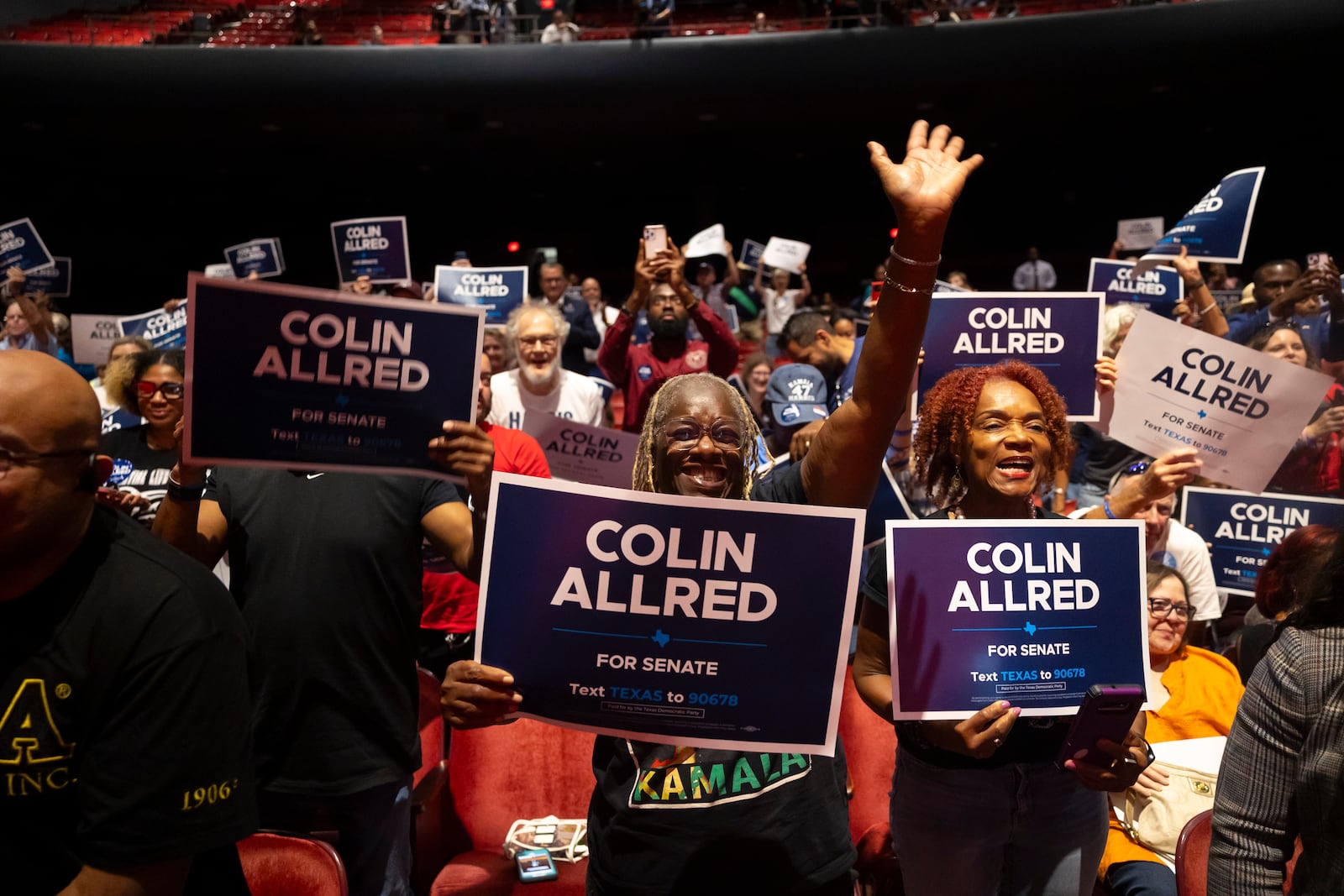 Berteal Binion and Linda Terry cheer as Rep. Colin Allred, D-Texas, takes the stage during a get-out-the-vote rally at Texas Southern University on Tuesday, Oct. 29, 2024, in Houston. (AP Photo/Annie Mulligan)