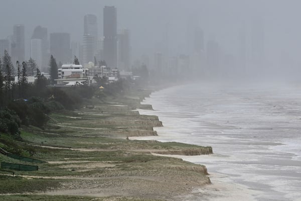 Beach erosion is seen following Cyclone Alfred on the Gold Coast, Australia, Saturday, March 8, 2025. (Dave Hunt/AAP Image via AP)