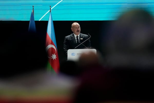 Ilham Aliyev, Azerbaijan president, speaks at a summit of the leaders of Small Islands Developing States at the COP29 U.N. Climate Summit, Wednesday, Nov. 13, 2024, in Baku, Azerbaijan. (AP Photo/Rafiq Maqbool)