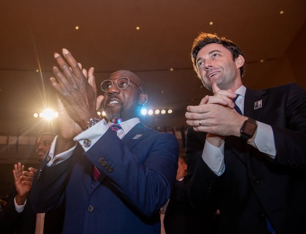 Atlanta Democrats who had hoped to land the party's national convention this year pointed to the wins in the 2021 U.S. Senate runoffs of Raphael Warnock, left, and Jon Ossoff that put the chamber in position to help pass President Joe Biden's agenda in the early part of his term. (Jenni Girtman for The Atlanta Journal-Constitution)