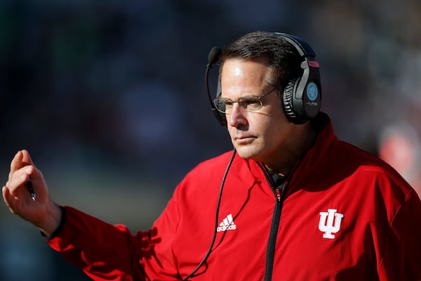 Indiana coach Curt Cignetti gestures during the first half of an NCAA college football game against Michigan State, Saturday, Nov. 2, 2024, in East Lansing, Mich. (AP Photo/Al Goldis)