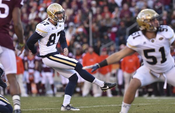 BLACKSBURG, VA - NOVEMBER 12: Kicker Harrison Butker #87 of the Georgia Tech Yellow Jackets watches his successful field goal attempt in the first half against the Virginia Tech Hokies at Lane Stadium on November 12, 2016 in Blacksburg, Virginia. Georgia Tech defeated Virginia Tech 30-20. (Photo by Michael Shroyer/Getty Images)