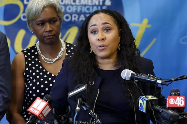 Fulton County District Attorney Fani Willis talks to news media following a crime and public safety summit at Atlanta Metropolitan College on Wednesday, June 15, 2022. (Natrice Miller / natrice.miller@ajc.com)

