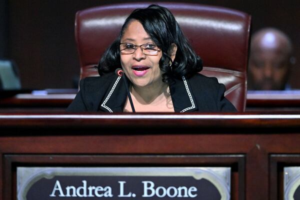 Council member Andrea Boone speaks during public comments at a City Council meeting at Atlanta City Hall, Thursday, January 23, 2025, in Atlanta. (Hyosub Shin / AJC)