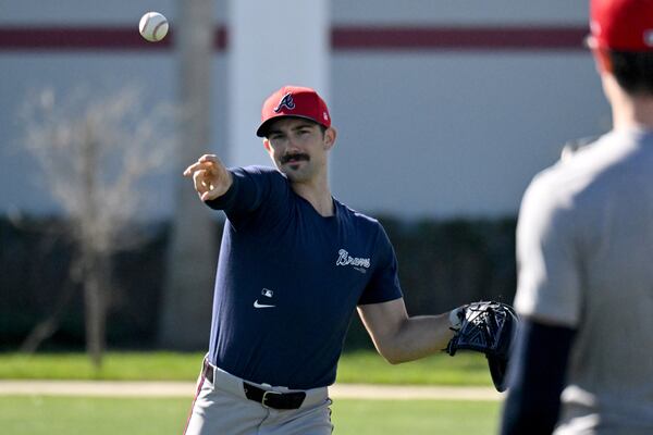 Spencer Strider on the first day of spring workouts in North Port, Florida. (Hyosub Shin/hshin@ajc.com)