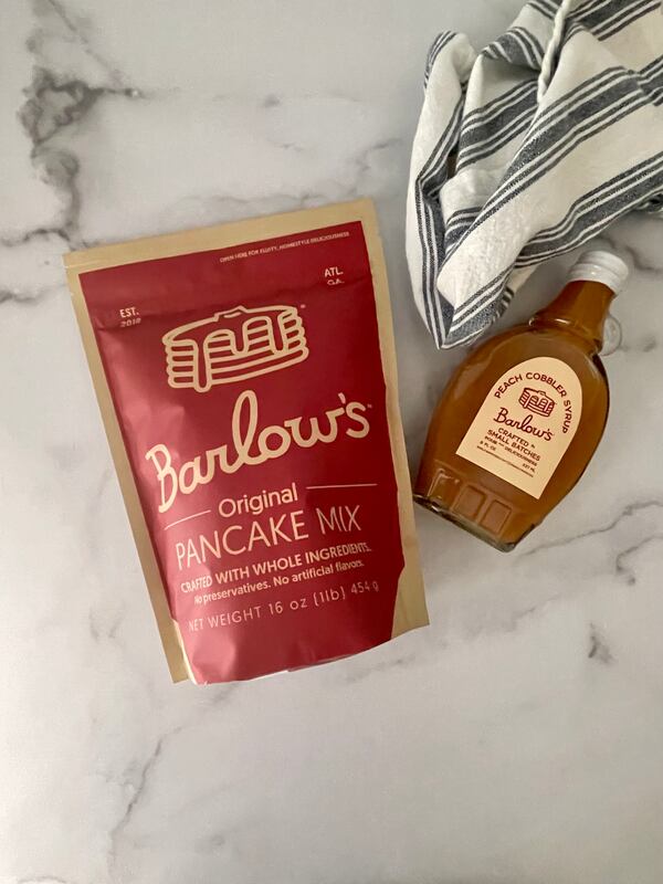 Pancake mix and peach cobbler syrup from Barlow’s Foods.  Courtesy of Barlow’s Foods