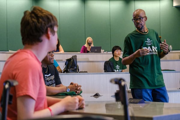 Eric Etheridge, a student success adviser, leads a Summer Preparatory Academic Resource Camps (SPARC) event at Georgia Gwinnett College on Thursday, July 7, 2022. (Arvin Temkar / arvin.temkar@ajc.com)