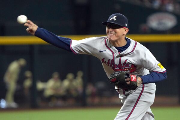 Atlanta Braves pitcher Jesse Chavez throws against the Arizona Diamondbacks in the sixth inning during a baseball game Tuesday, July 9, 2024, in Phoenix. (AP Photo/Rick Scuteri)