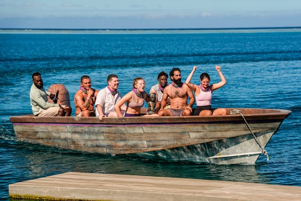 Pictured not counting the unnamed "Survivor" employee guiding the boat: (L-R): Joe Hunter, Thomas Krottinger, Eva Erickson, Star Toomey, Shauhin Davari, and Bianca Roses. -- Photo: Robert Voets/CBS ©2024 CBS Broadcasting, Inc. All Rights Reserved.