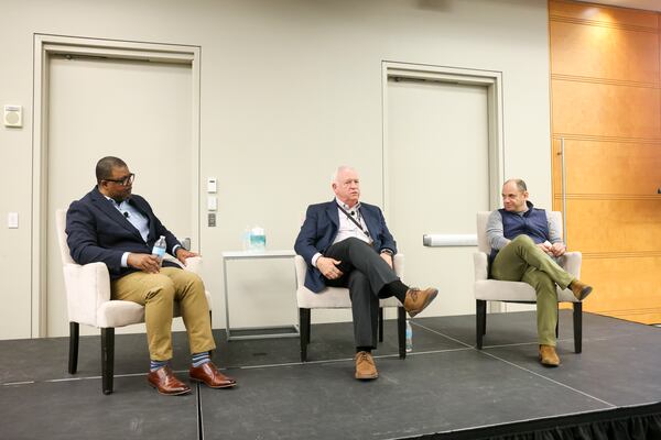 AJC’s Leroy Chapman Jr., Kevin Riley, and Andrew Morse are shown during the AJC Town Hall meeting at Cox Headquarters, Thursday, March 23, 2023, in Atlanta. Jason Getz / Jason.Getz@ajc.com)
