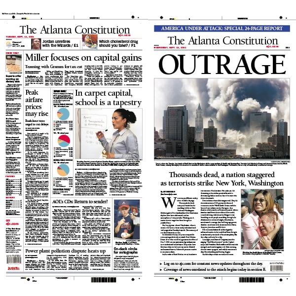 The Sept. 11, 2001, Constitution front as compared to the next morning's A1 page, which was given over to the aftermath of the attacks. AJC PRINT ARCHIVES