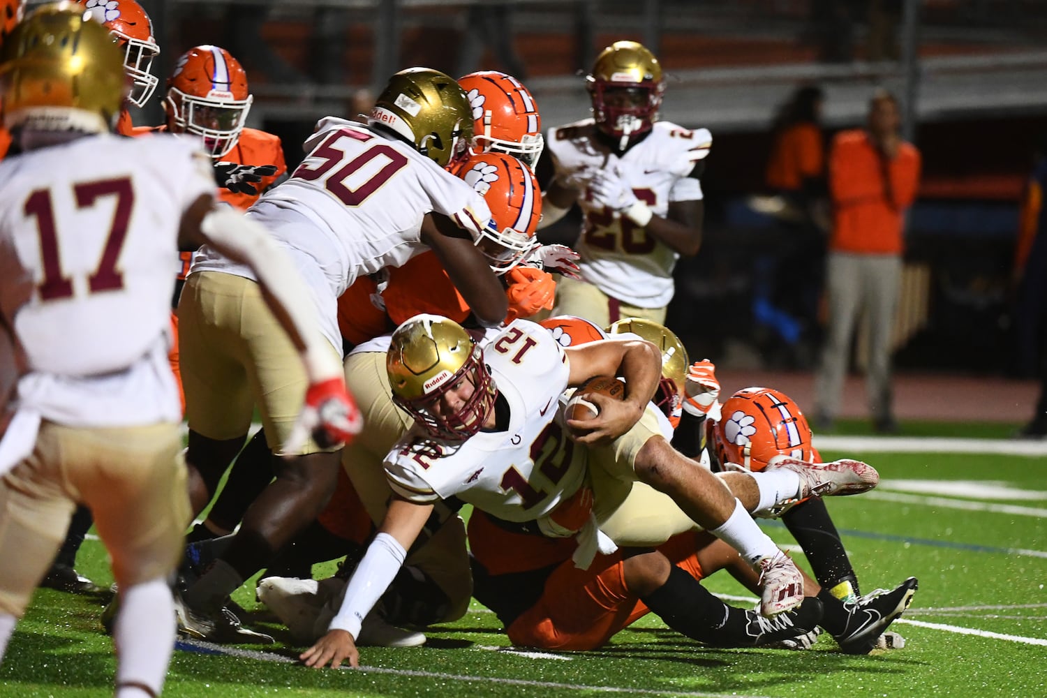 Dylan Lonergan, quarterback for Brookwood, gets tackled at the Parkview vs. Brookwood High School Football game on Friday, Oct. 28, 2022, at Parkview High School in Lilburn, Georgia. (Jamie Spaar for the Atlanta Journal Constitution)