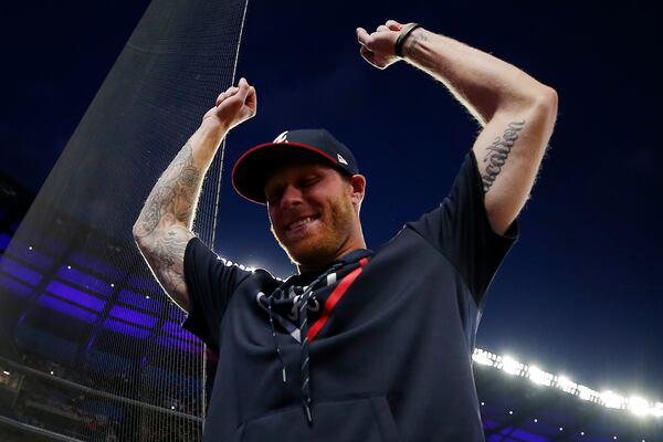 Mike Foltynewicz  celebrates after  the Braves defeated the St. Louis Cardinals 3-0. (Photo by Todd Kirkland/Getty Images)