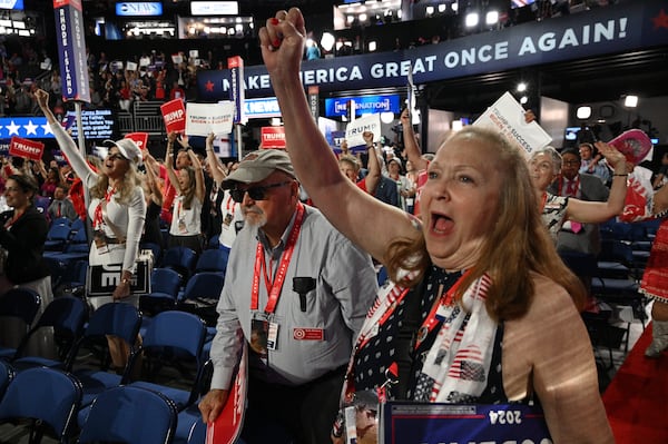 Georgia delegates react at the end of the second day of the Republican National Convention, Tuesday, July 16, 2024, in downtown Milwaukee, WI. . (Hyosub Shin / AJC)