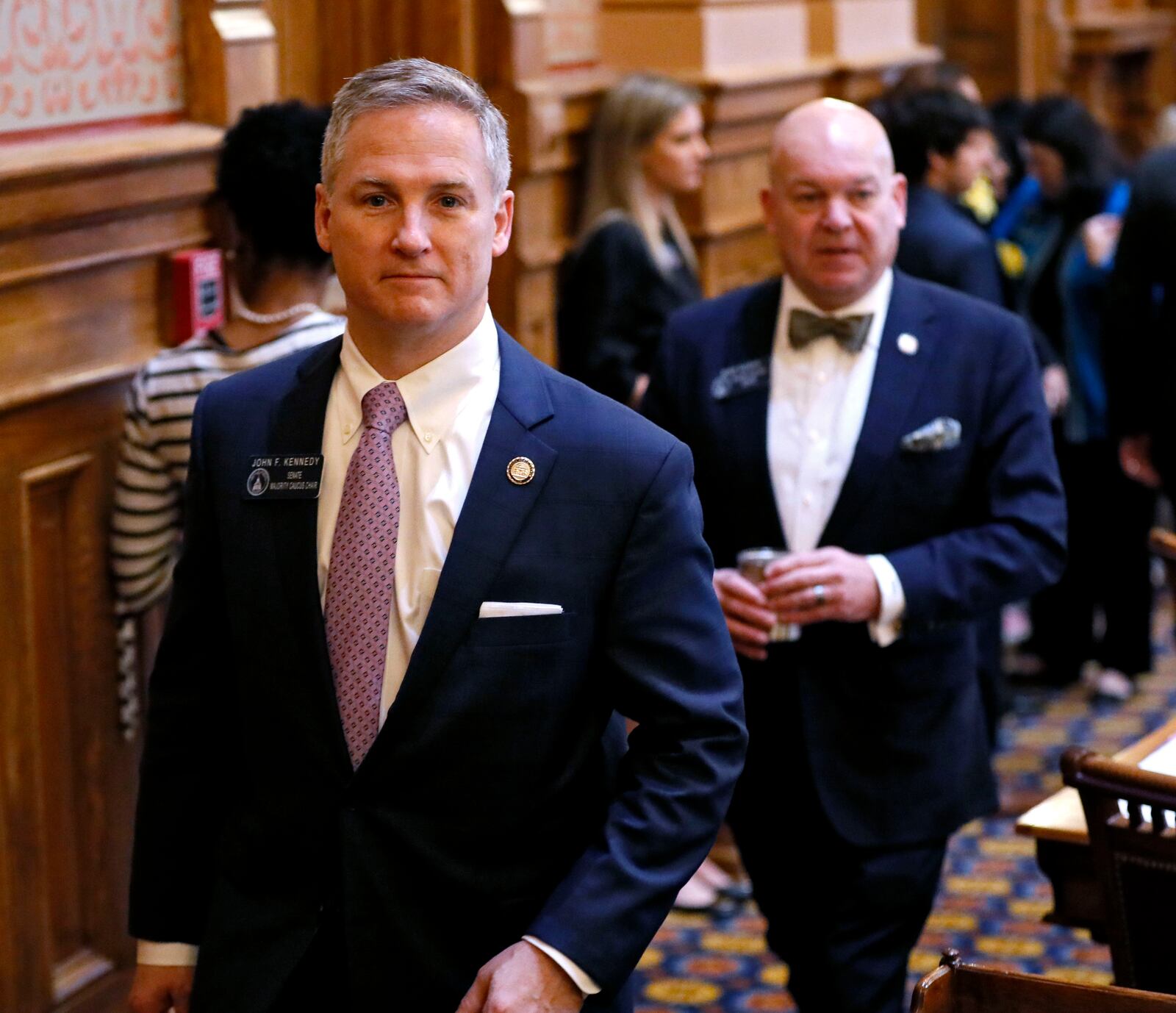 March 13, 2019 - Atlanta - Sen. John Kennedy (left) and  Senate majority leader Mike Dugan.  The Georgia Senate was voting Wednesday on a new voting system with a paper trail to verify the accuracy of election results. If approved, Georgia would become the first state in the nation with this kind of touchscreen-and-paper voting system statewide.  Bob Andres / bandres@ajc.com