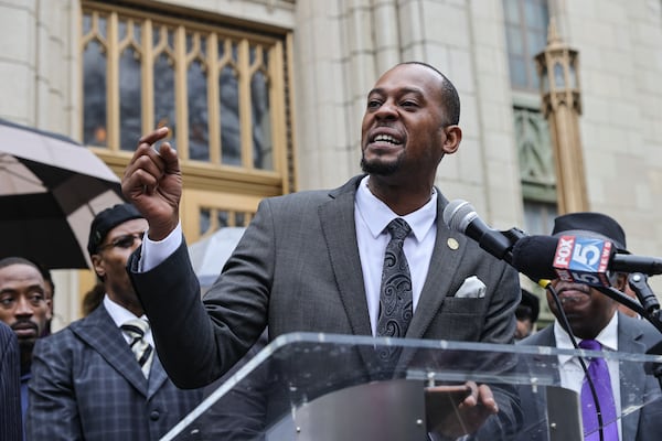 District 12 city councilman Antonio Lewis speaks during a press conference at City Hall addressing the violent demonstrations at the Atlanta Public Safety Training Center site known as ‘Cop City’ on Friday, March 10, 2023. (Natrice Miller/ Natrice.miller@ajc.com)
