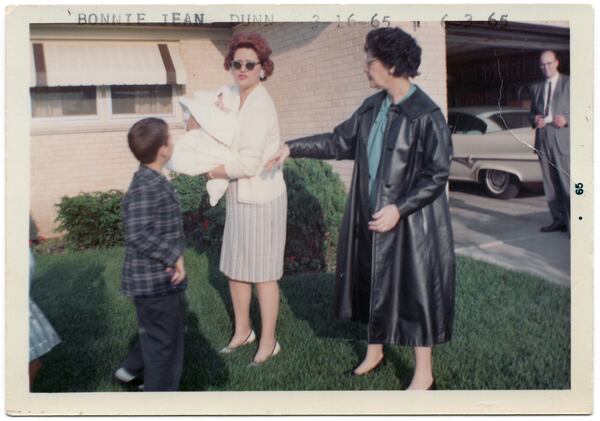 Found photos from Kevin Duffy's "Picture Taker." “Old snapshots sometimes include written information that helps explain what’s shown. ‘Bonnie Jean Dunn 3-16-65 6-3-65’ is typed at the top of this photo. There’s a fuss and the people look distressed, as if they know Bonnie Jean’s life will be tragically brief.”