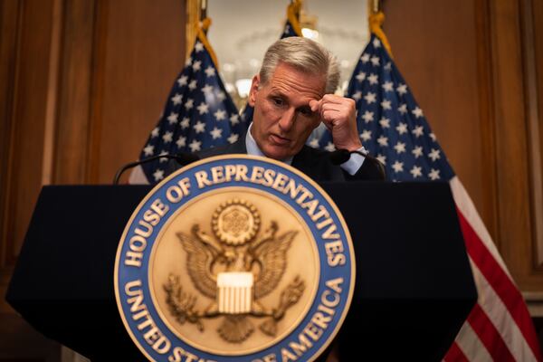 U.S. Rep. Kevin McCarthy (R-Calif.) speaks in the Rayburn Room at the Capitol after he was ousted as Speaker of the House, in Washington, Tuesday, Oct. 3, 2023. (Maansi Srivastava/The New York Times)
                      