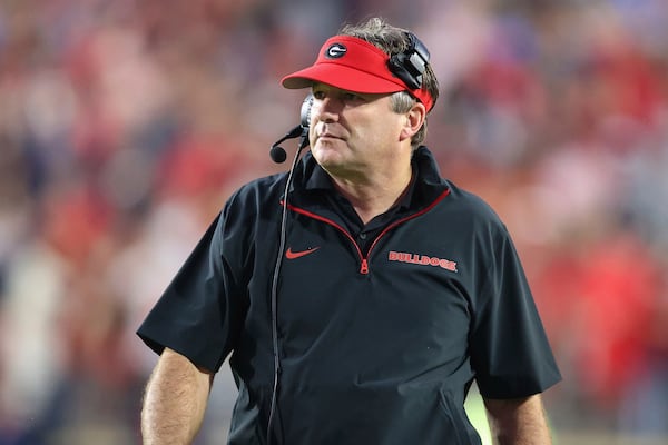 Georgia head coach Kirby Smart is seen during the second half of an NCAA college football game against Mississippi on Saturday, Nov. 9, 2024, in Oxford, Miss. Mississippi won 28-10. (AP Photo/Randy J. Williams)