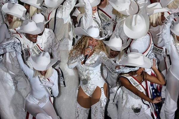 Beyoncé performs during halftime of an NFL football game between the Houston Texans and the Baltimore Ravens, Wednesday, Dec. 25, 2024, in Houston. (AP Photo/Eric Christian Smith)