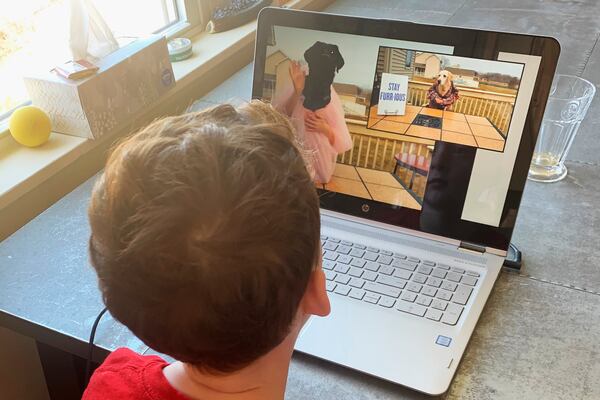 This April 6, 2020, photo released by Alexandra Nicholson shows her son, Henry Martinsen, on his computer in Quincy, Mass. The frustration of parents is mounting as more families across the U.S. enter their second or even third week of total distance learning, and some say it will be their last. (Alexandra Nicholson via AP)