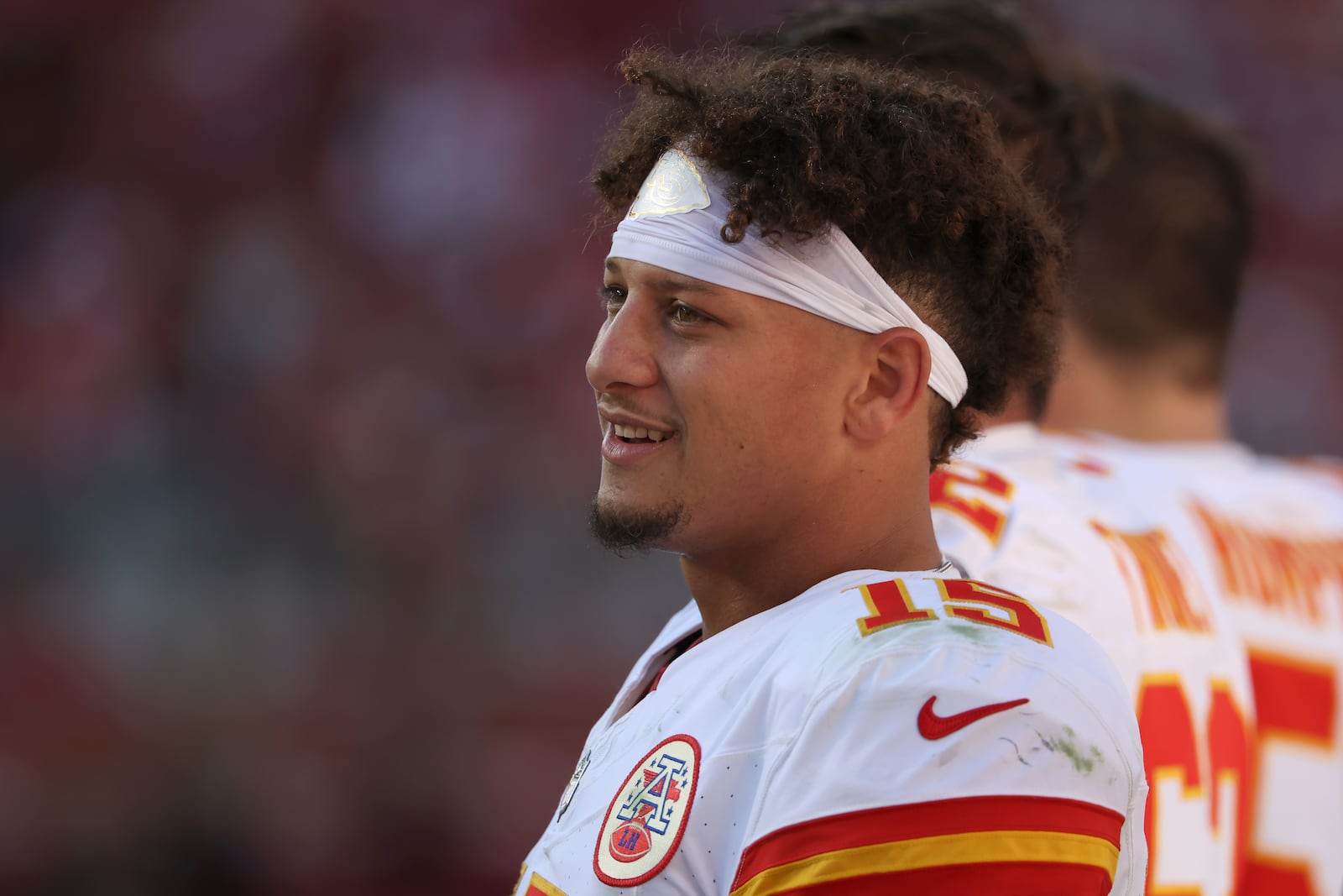 Kansas City Chiefs quarterback Patrick Mahomes watches from the sideline during the second half of an NFL football game against the San Francisco 49ers in Santa Clara, Calif., Sunday, Oct. 20, 2024. (AP Photo/Jed Jacobsohn)