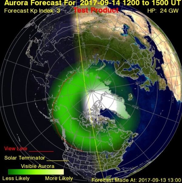 Sample screenshot of aurora borealis 3-day forecast for Sept. 14 between approximately 8-10 p.m. EST. 