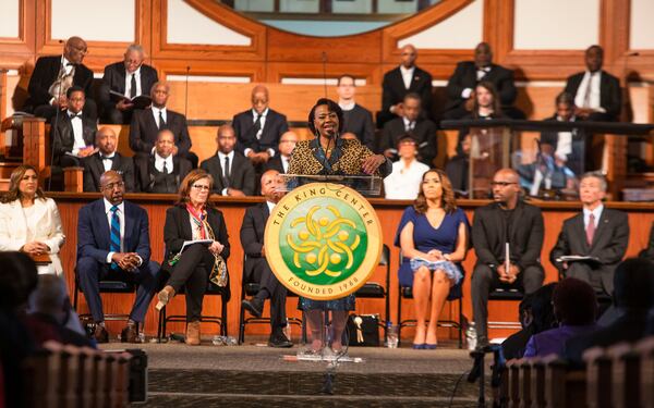 Reverend Dr. Bernice A. King speaks during the Dr. Martin Luther King Jr. Day service on Monday, January 16, 2023, at Ebenezer Baptist Church in Atlanta. The church hosted a full program of speakers and performances to commemorate Dr. Martin Luther King Jr.'s birthday and legacy. CHRISTINA MATACOTTA FOR THE ATLANTA JOURNAL-CONSTITUTION.