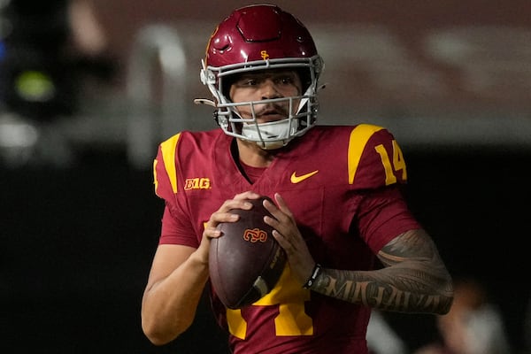 FILE - Southern California quarterback Jayden Maiava gets set to pass during the second half of an NCAA college football game against Utah State, Saturday, Sept. 7, 2024, in Los Angeles. (AP Photo/Mark J. Terrill, File)