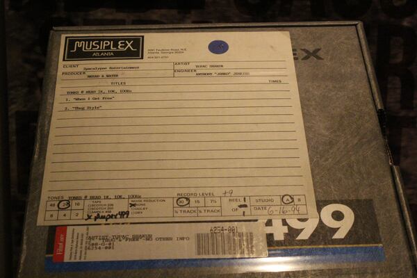 This master tape box contained two of Tupac Shakur’s songs that were recorded at Musiplex Studio in Atlanta, where Shakur spent much time in the ’90s. Photo: Melissa Ruggieri/AJC.