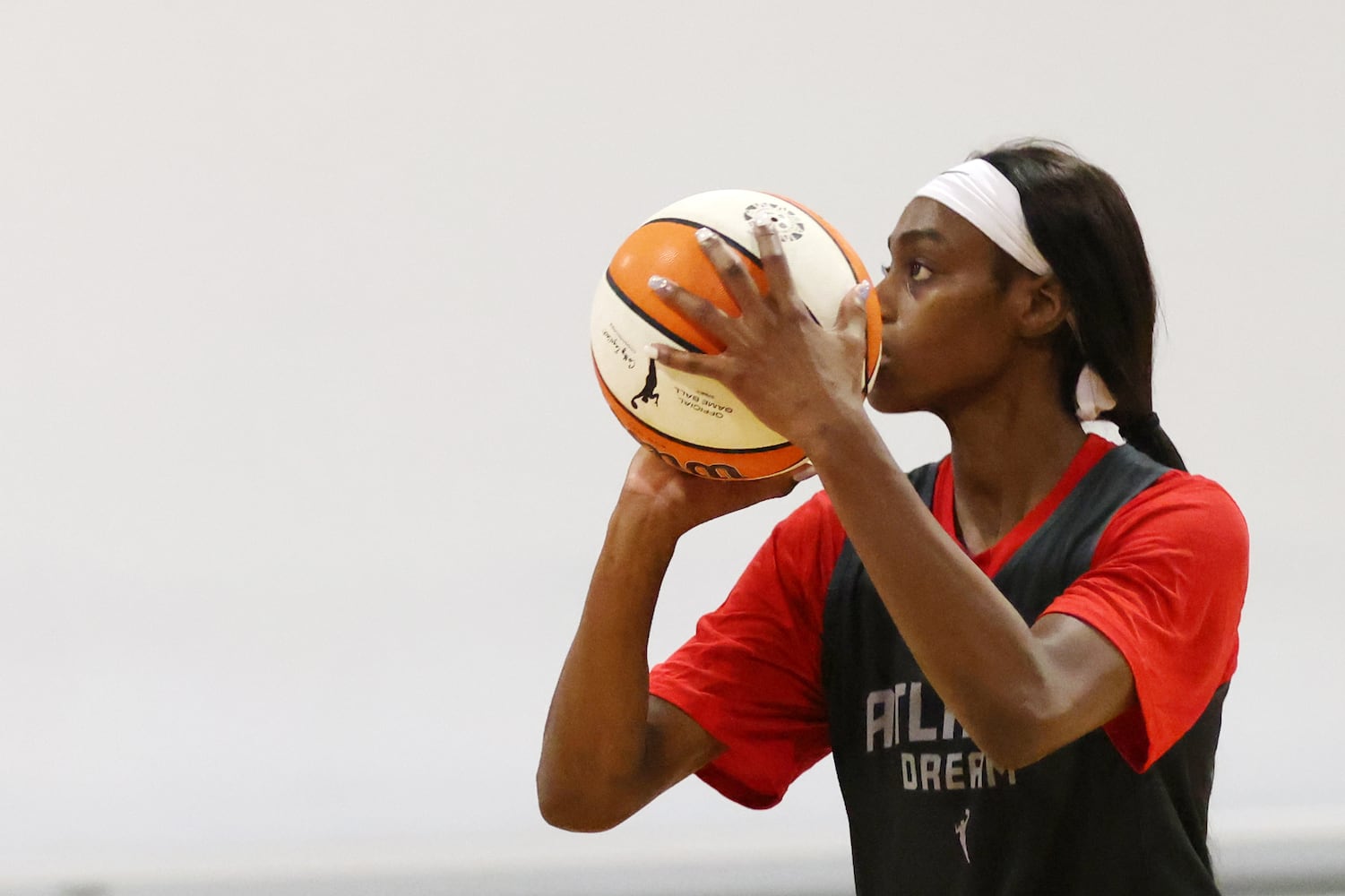 Atlanta Dream guard Maya Caldwell prepares a free throw during a session at the Atlanta Dream training camp in Chamblee on Monday, April 18, 2022. Miguel Martinez/miguel.martinezjimenez@ajc.com