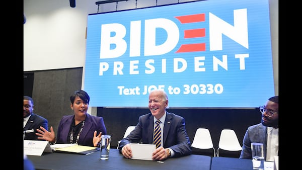  Former U.S. Vice President and 2020 Democratic presidential candidate Joe Biden reacts as he is introduced by Atlanta mayor Keisha Lance Bottoms during an assembly of Southern black mayors Thursday, Nov. 21, 2019 in Atlanta. (AP Photo/John Amis) 