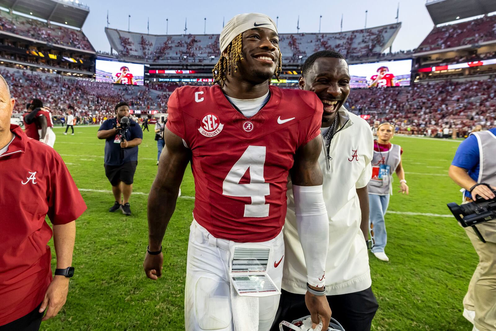 Alabama quarterback Jalen Milroe (4) departs the field with a 34-0 win after an NCAA college football game against Missouri, Saturday, Oct. 26, 2024, in Tuscaloosa, Ala. (AP Photo/Vasha Hunt)