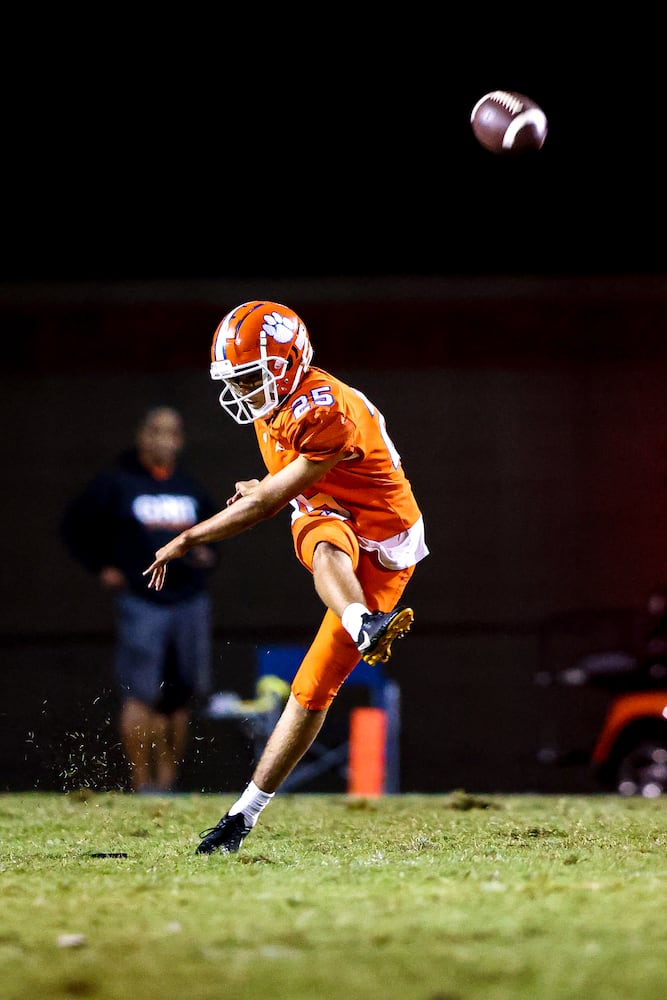 Parkview kicker Carlos Munoz (25) kicks off during a GHSA 7A high school football game between the North Gwinnett Bulldogs and the Parkview Panthers at Parkview High School in Lilburn, Ga., on Friday, Sept. 3, 2021. (Casey Sykes for The Atlanta Journal-Constitution)