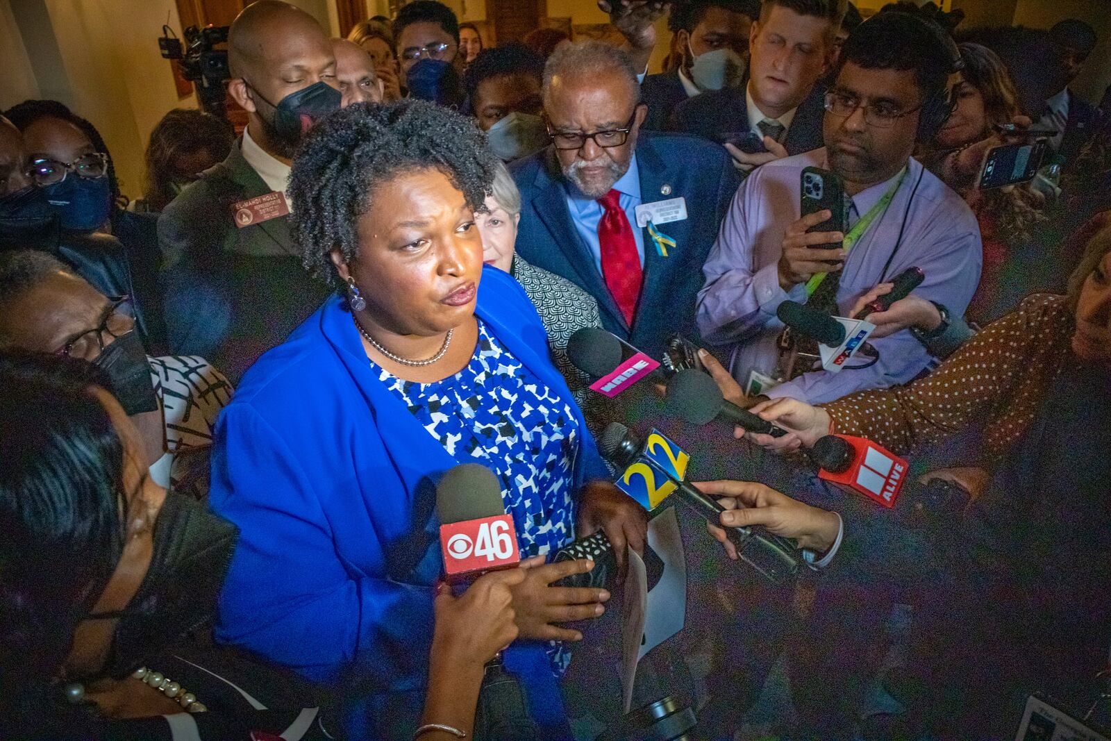 Stacey Abrams talks with the press at the Georgia Capitol on Tuesday after qualifying to run for governor. Later this month, she will make her first trek on the campaign trail, focusing on many of the issues she pressed during her first run for governor in 2018, including expanding Medicaid. STEVE SCHAEFER FOR THE ATLANTA JOURNAL-CONSTITUTION