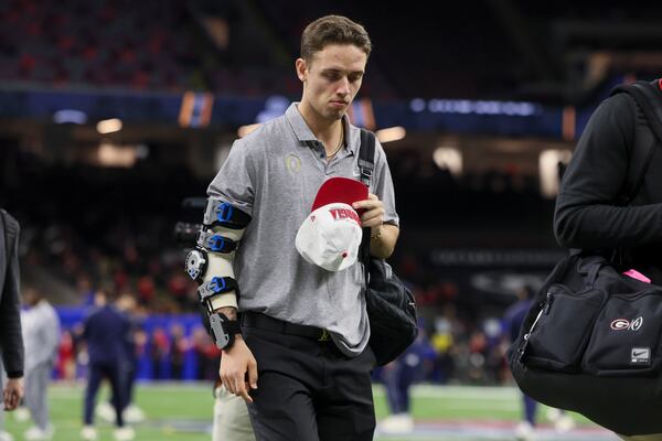 Georgia quarterback Carson Beck walks onto the field before their game against Notre Dame for the Sugar Bowl at the Caesars Superdome Thursday, Jan. 2, 2025, in New Orleans. (Jason Getz / AJC)
