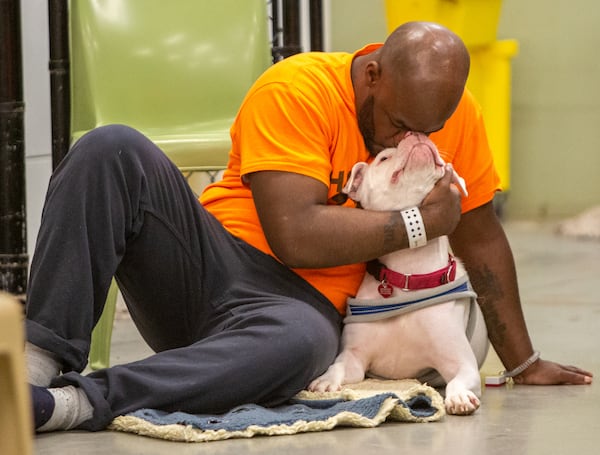 Tavius F cuddles with Ivey at the Fulton County Jail as part of Canine Cellmates founded by Susan Jacobs-Meadows 6.5 years ago. The program pairs dogs from Fulton County Animal Services that live & train with inmates at the Jail annex in Atlanta. The dogs go through a series of temperament tests to make sure that are a good fit for the program. Currently 11 inmates are training 6 dogs working on skills they will display during their graduation ceremony. Four of the six dogs have already been adopted & those adoptive parents get the opportunity to attend graduation to meet the inmates that trained their dog. (Photo by Phil Skinner)