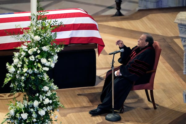 The Honorable Andrew Young delivers a homily next to the flag-draped casket of former President Jimmy Carter during a state funeral at Washington National Cathedral on Thursday, Jan. 9, 2025, in Washington. (Ben Curtis/AP)