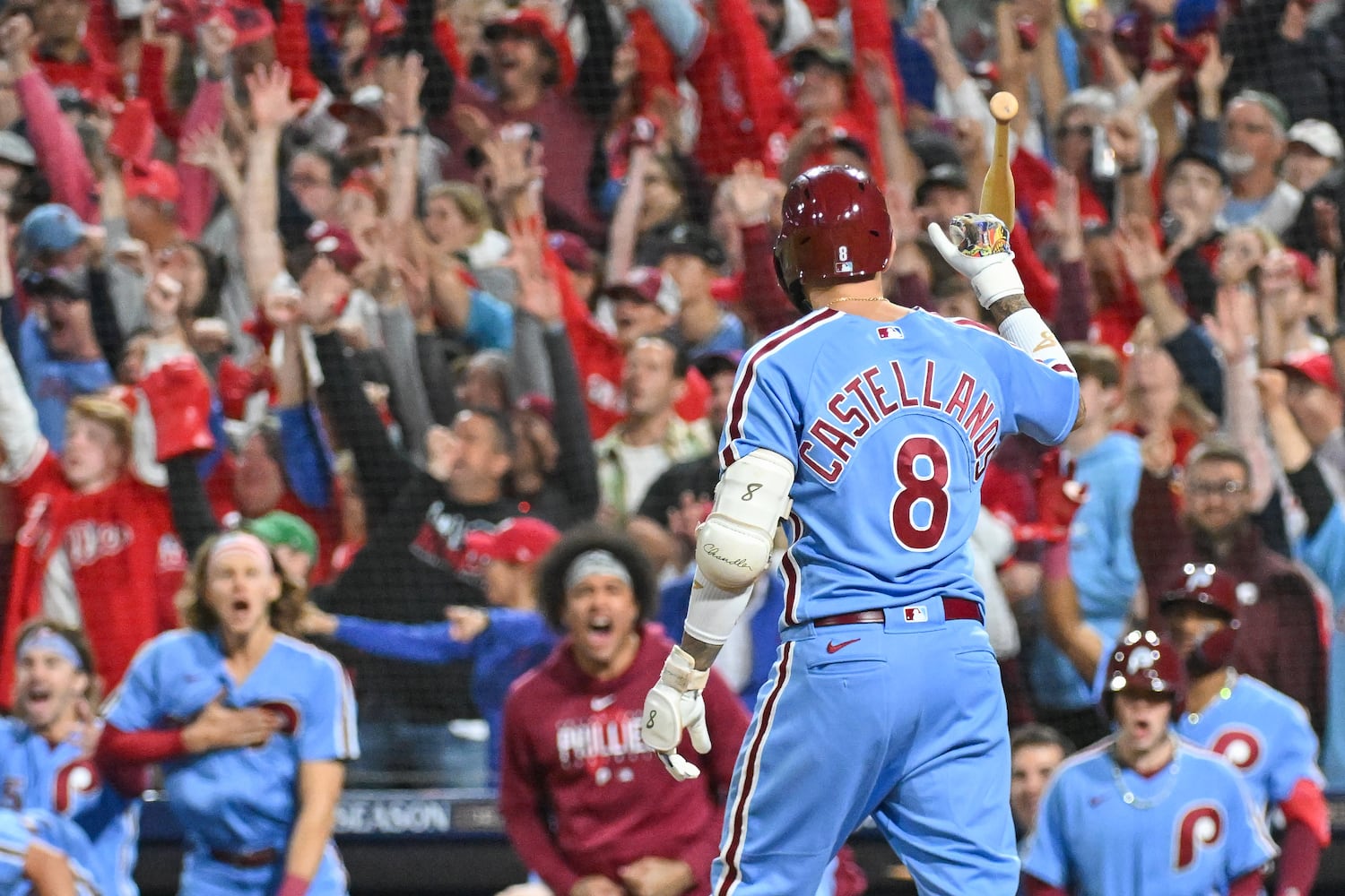 Philadelphia Phillies’ Nick Castellanos (8) hits a solo home run against the Atlanta Braves during the sixth inning of NLDS Game 4 at Citizens Bank Park in Philadelphia on Thursday, Oct. 12, 2023.   (Hyosub Shin / Hyosub.Shin@ajc.com)