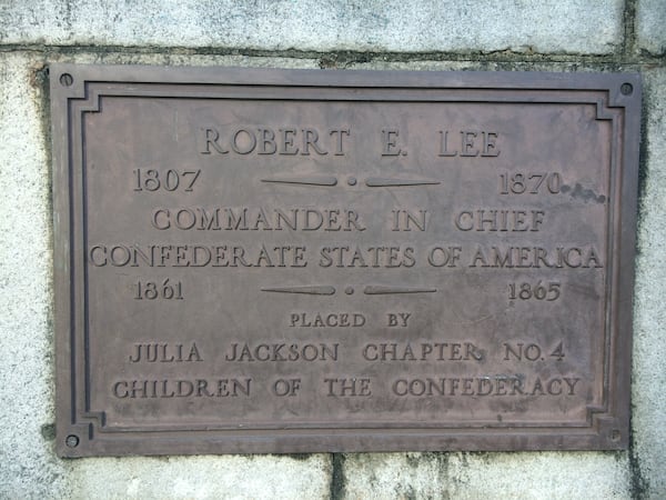  The Robert E. Lee Monument was placed by the Julia Jackson chapter of the Children of the Confederacy. Photo: Jennifer Brett, jbrett@ajc.com